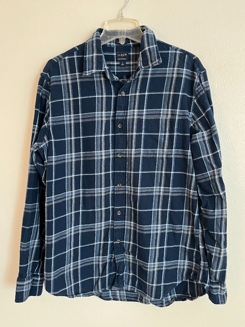 J. Crew Men's Blue Flannel Button Down 100% Cotton Shirt Size L Outdoor Casual